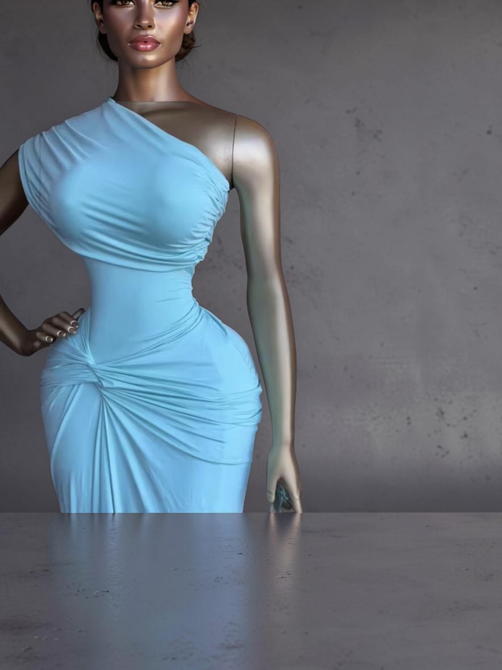 One-Shoulder Aqua Draped Evening Gown - Picture 4 of 11